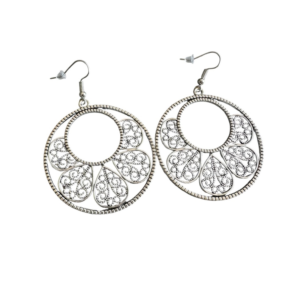 Boho Silver Round Cut Metal Drop Style Earrings
